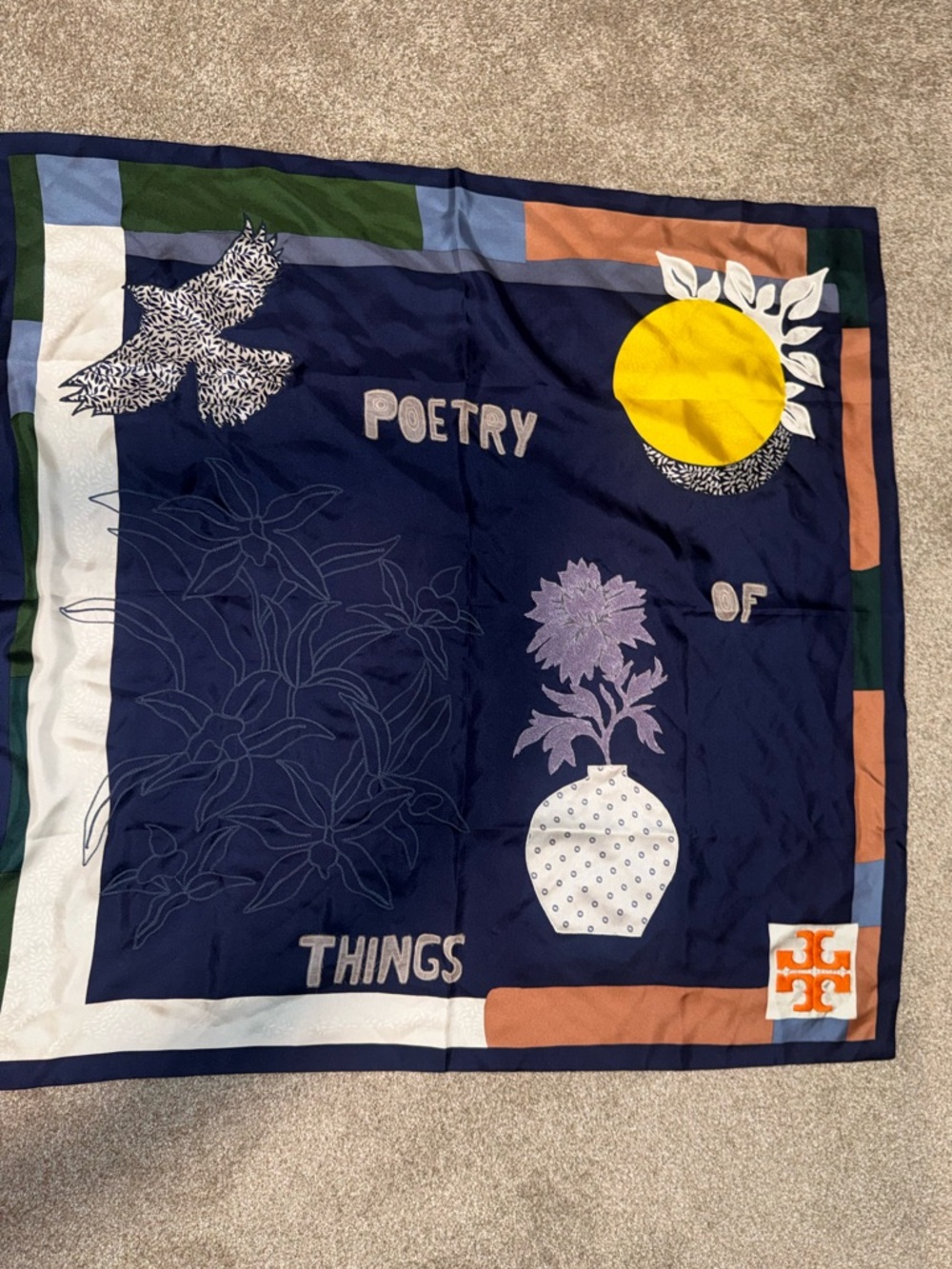 Tory Burch Navy Blue Yellow Multicolor 'Poetry Of' Silk Scarf - Picture 3 of 3